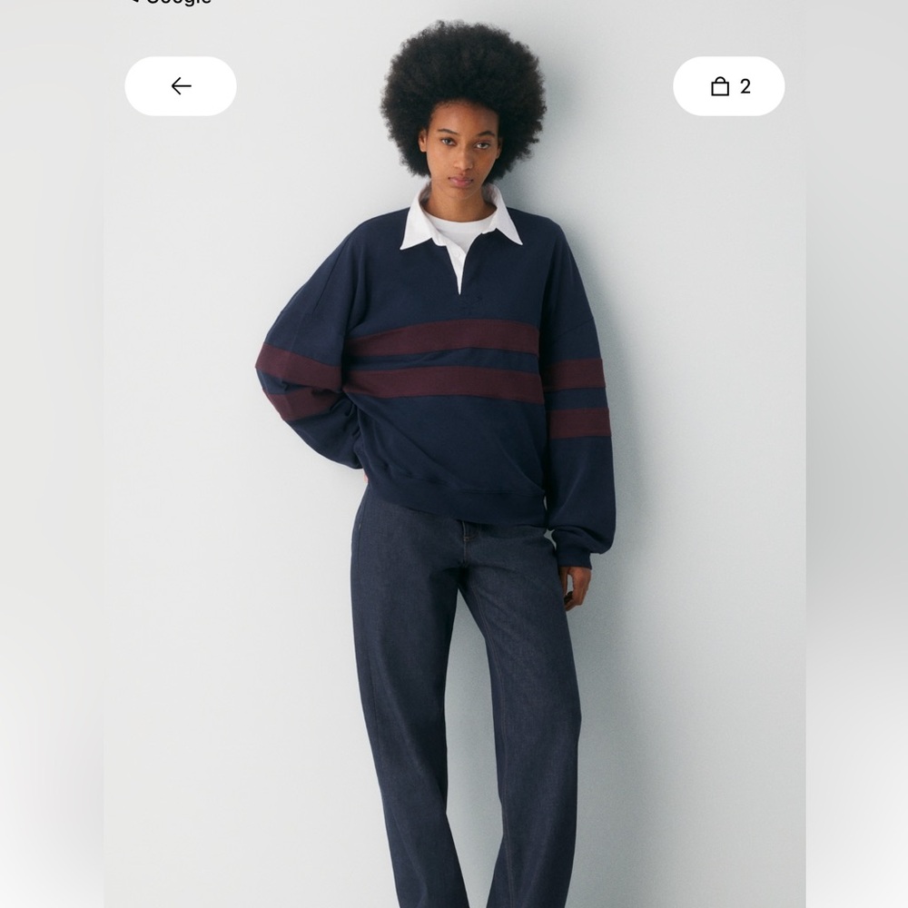 Aritzia Navy Sweatshirt with White Collar and Burgundy Stripes - Picture 2 of 5